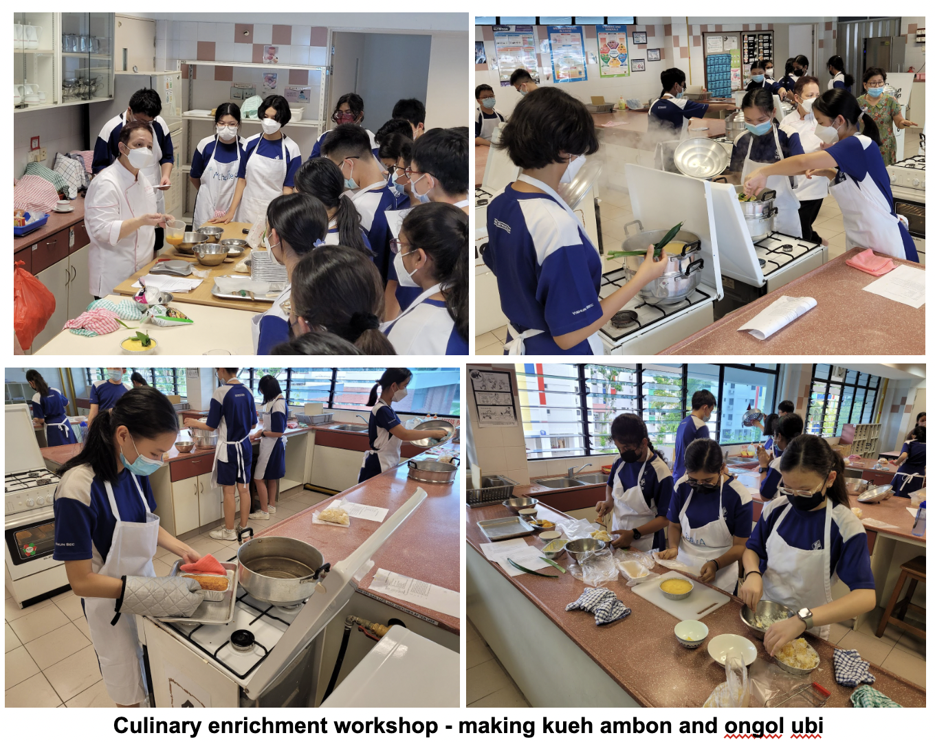 Students in blue uniforms and white aprons cook in a kitchen classroom during a kueh ambon and ongol ubi workshop.